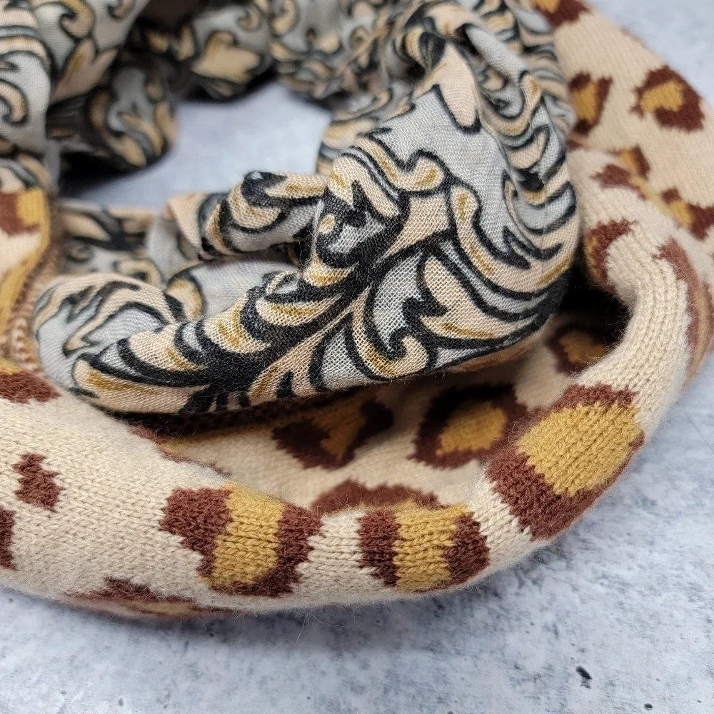 Collection Eighteen Leopard & Scroll Mixed Print & Material Infinity Scarf